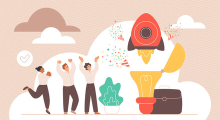 Business project management, start and implementation by happy team of employees. Tiny people celebrate success process development, rocket flying out of open light bulb cartoon vector illustration