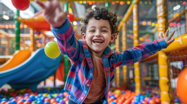 Happy child playing in an indoor ball pit, arms wide open.