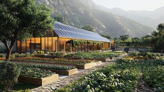 solar panels integrated into a sustainable farm with crops beneath, demonstrating the agrivoltaics concept and maximizing land for both agriculture and clean energy