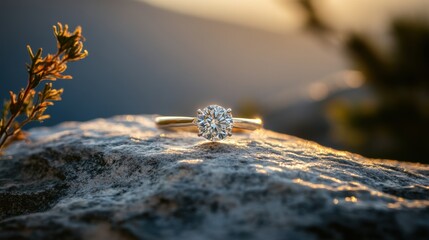 Elegant diamond ring on a rocky surface during sunset
