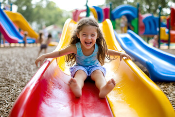 A joyful young girl slides down a bright yellow playground slide with arms wide open.