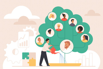 Corporate company team development, growth of professional staff skills and value. Tiny businessman and employer growing tree with employee portraits avatars, develop team cartoon vector illustration