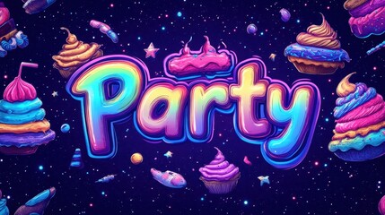 Colorful cosmic party theme with cupcakes and neon lettering against a starry backdrop.