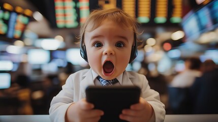 A surprised baby holding a smartphone in a stock market environment, symbolizing financial discovery, surprise, and the intersection of technology and finance on the trading floor