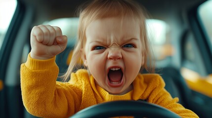 A baby driving in traffic and screaming with road rage showing an angry expression, while in traffic representing frustration and anger management