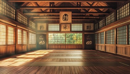 Inside a traditional dojo, designed for martial arts like judo and karate.