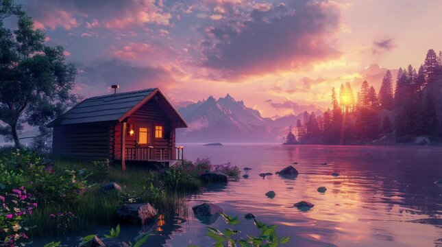 Charming wooden cabin nestled by a serene lake, illuminated by a glowing sunset sky in the evening, creating a tranquil retreat
 Seamless looping 4k time-lapse virtual video animation Generated AI