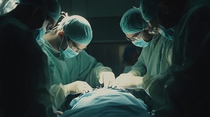A team of surgeons performing a complex operation under intense lighting, focusing on a patient lying on the operating table.