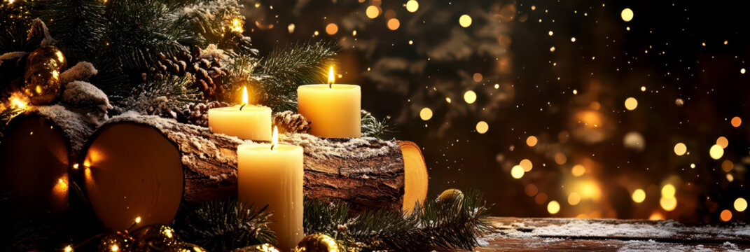 Beautiful and magical Yule log with three candles on a wooden table. Blurred holiday background. bokeh effect. Horizontal banner. Copy space. Midwinter holiday, winter solstice. Christmas mood