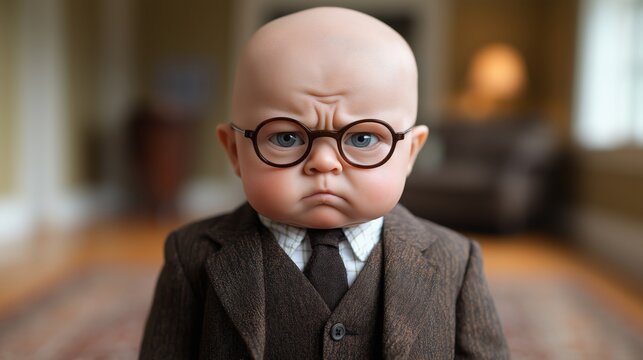 A funny baby businessman in a brown suit and glasses stands with a stern expression, representing a boss in the corporate world