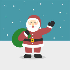 Santa Claus holding a gift bag with winter background, illustration of Santa claus with gift bag, santa claus cartoon holding green gift bag at snowy background 