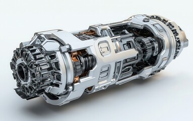 A futuristic automotive gearbox assembly, displayed on a white background, highlighting its advanced engineering.