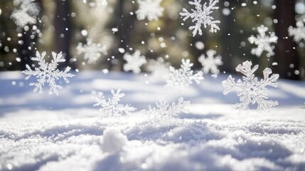 Naklejka premium A serene winter scene featuring falling snowflakes over a blanket of fresh snow, capturing the beauty of a snowy landscape.