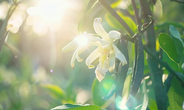 vanilla beans and flowers on vanilla plant on tree	zoom out lensflare
