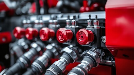 Fototapeta premium hydraulic valve pipe system in modern farm machinery, showcasing the engineering and technology behind fluid power and mechanical systems in agriculture