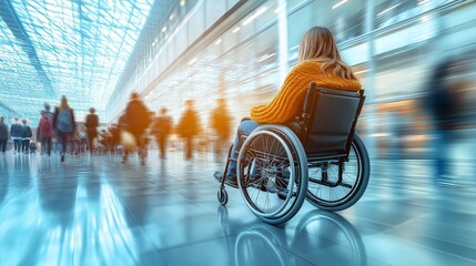 A person in a wheelchair navigating a busy indoor public space, symbolizing mobility, accessibility, and empowerment in modern environments