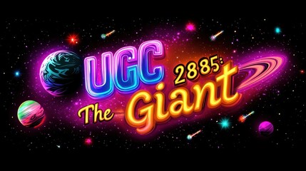 Vibrant illustration of UGC 2885: The Giant, showcasing colorful planets and a luminous cosmic backdrop.