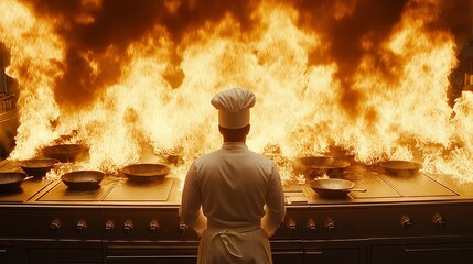 A chef in a white uniform faces multiple flaming stovetop pans, displaying mastery and control in the kitchen amidst the intensity of cooking