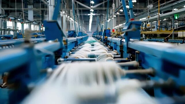 Inside a textile factory, a line of machinery is winding spools of thread, showcasing the intricate process of industrial thread production