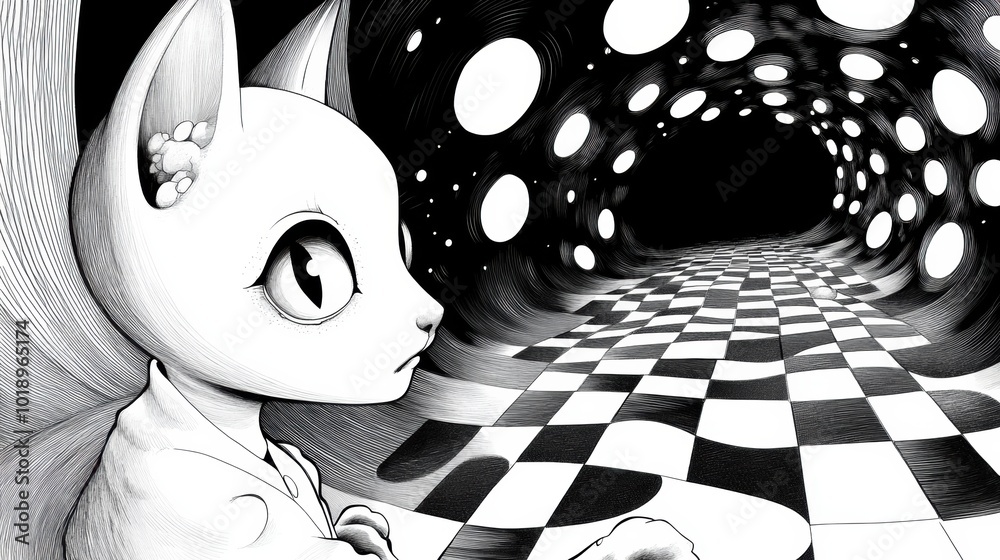 Canvas Prints A black and white drawing of a cat looking at the checkered floor, AI