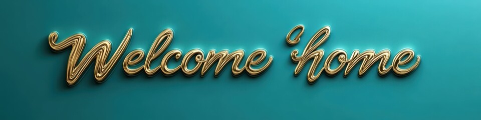 Naklejka premium Elegant gold 'Welcome Home' sign on a teal background conveying warmth and hospitality.