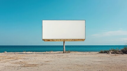 Large blank billboard on a sandy beach, awaiting advertisement, set against a serene ocean backdrop.