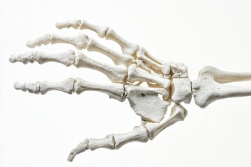 Fototapeta premium A human hand skeleton, meticulously detailed, isolated against a stark white background, highlighting its anatomical structure.