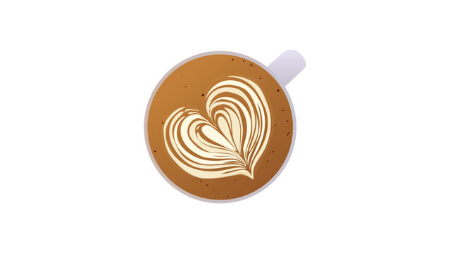 Heart pattern latte art vector illustration. Hot latte coffee in ceramic cup. top view. 
