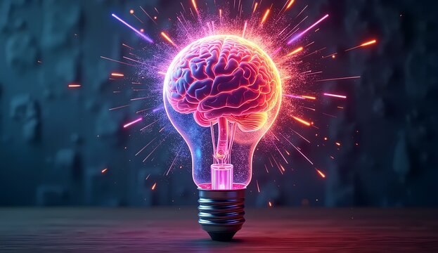 Light Bulb with Vibrant Human Brain Glowing Inside, Neon Colors Exploding on Abstract Background, Symbol of Creativity, Innovation and Bright Ideas.