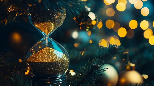 An hourglass filled with golden sand is placed among a decorated Christmas tree, creating a festive and reflective atmosphere.