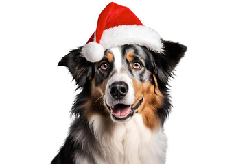 Australian Shepherd Wearing a Santa Hat on White Background