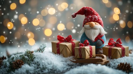 Christmas greeting card. Christmas decoration with Santa Claus toy and gift box on bokeh background. Christmas background.