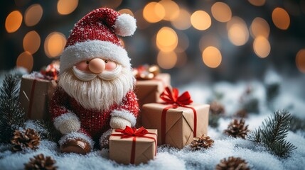 Obraz premium Christmas greeting card. Christmas decoration with Santa Claus toy and gift box on bokeh background. Christmas background.