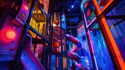 Futuristic multi-story playhouse with vibrant lights and interactive features.
