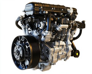 Fototapeta premium A modern car engine, isolated on a pristine white background, showcasing its power and efficiency.