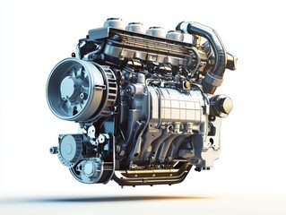 Fototapeta premium A modern engine, isolated on a bright white background, highlighting advanced automotive engineering.