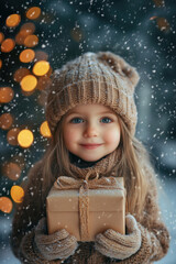 Little happy girl with christmas presents in her hands, christmas lights and snowfall in the background.