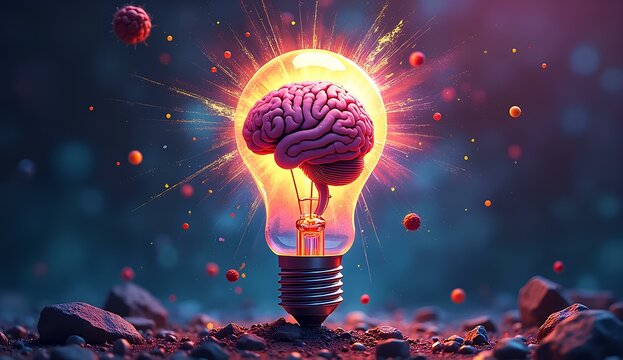 Light Bulb with Vibrant Human Brain Glowing Inside, Neon Colors Exploding on Abstract Background, Symbol of Creativity, Innovation and Bright Ideas.