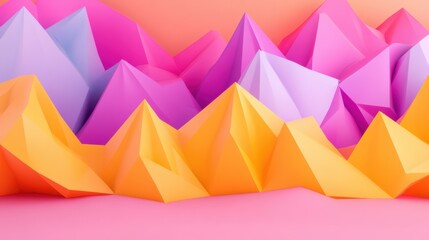 A colorful paper mountain range with a pink background, AI