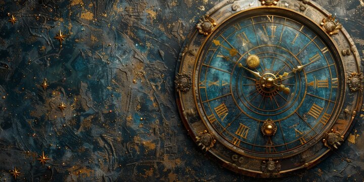 Vintage astrological clock with intricate golden details and Roman numerals on a textured cosmic background, ideal for fantasy, astrology, or time-related concepts.