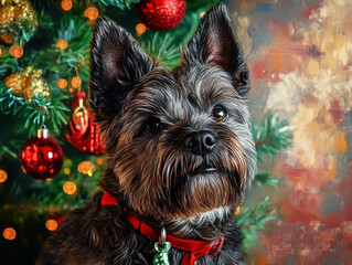 Naklejka premium yorkshire terrier with christmas decorations