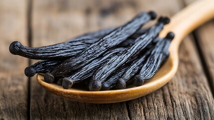  vanilla beans resting on a wooden spoon, revealing the tiny black seeds inside. The glossy appearance of the beans against a neutral background highlights their luxurious appeal.