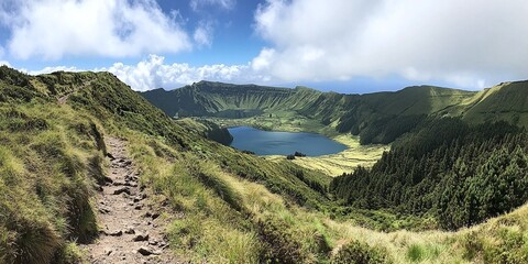 hiking along a scenic trail in a mountainous landscape with picturesque lakes, providing an outdoor adventure with peaceful views of nature and stunning mountain scenery
