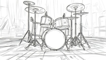 Line art drums and cymbals on a stage setting.