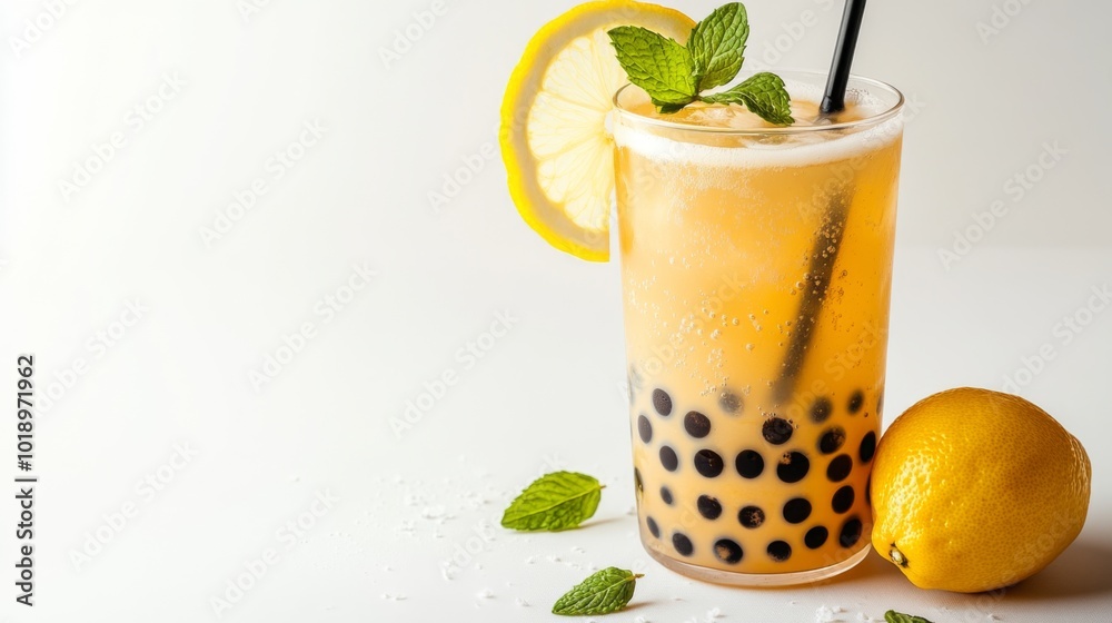 Poster refreshing lemonade with tapioca pearls and mint