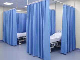 Empty Hospital Room with Blue Curtains and Ventilator