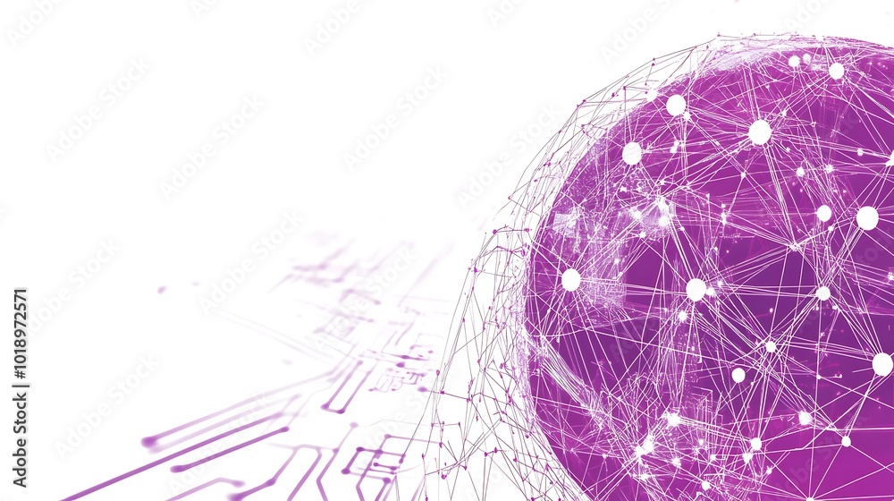 Poster abstract pink globe with connected lines and dots on a white background.