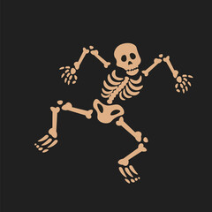 Halloween skeleton dance. Vector funny characters. Creepy skeletons, dead personage dancing, squatting, juggling skull, and playing