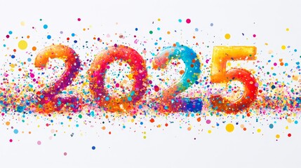 Obraz premium A vibrant representation of the year 2025, decorated with colorful confetti and dots, symbolizing celebration and joy.