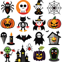 Halloween Cartoon Icons Set Spooky Characters
